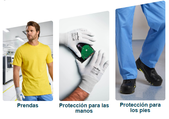Trabajador con chaqueta ESD azul y tableta en la mano. Al fondo, equipo técnico. A la derecha, una franja con patrón color aguamarina y un cuadrado amarillo con símbolo ESD.