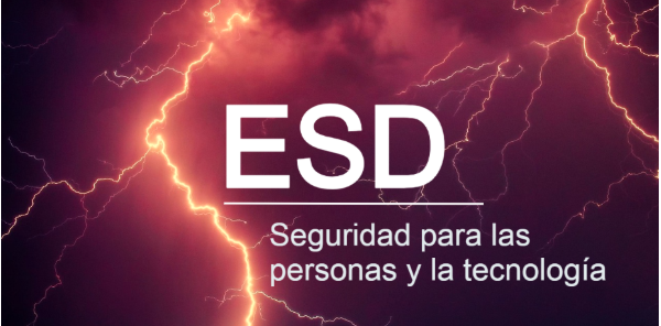Imagen de un cielo nocturno oscuro con rayos naranjas y letras blancas: ESD - Seguridad para las Personas y la Tecnología.