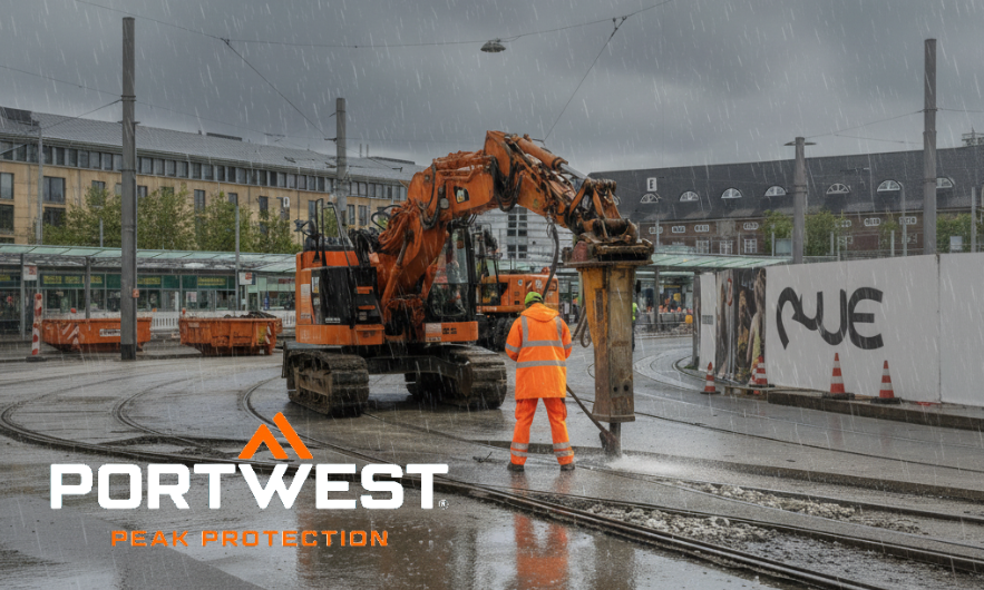 Trabajador de construcción con ropa de protección impermeable de color naranja brillante de Portwest trabajando bajo la lluvia con una gran excavadora en una obra de tranvía. El logo de Portwest con el eslogan 'Peak Protection' es visible en primer plano. La escena muestra ropa de trabajo resistente para condiciones climáticas adversas. Hay un enlace a nuestras chaquetas impermeables.
