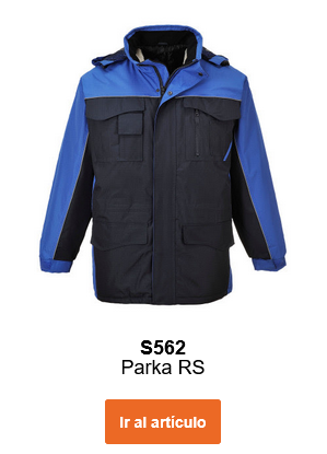 Imagen del parka acolchado S562 en azul con detalles azul royal y cintas reflectantes. Enlace al producto.