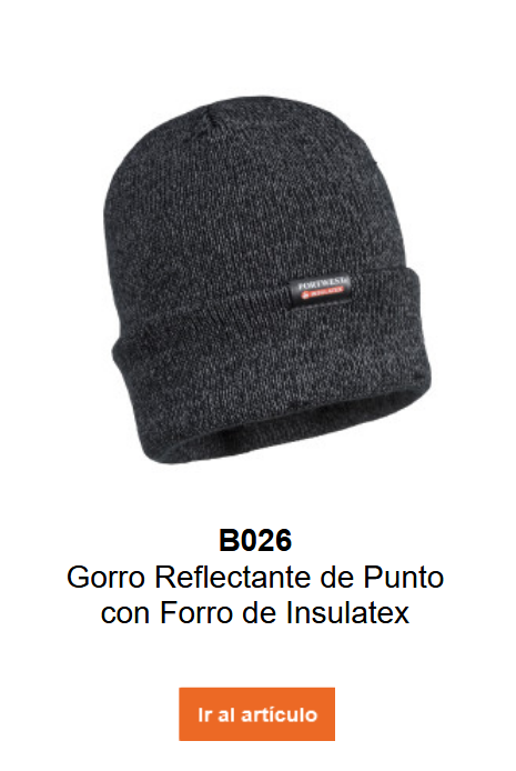 Imagen del gorro de punto reflectante con forro Insulatex B026 en gris. Un enlace a la página del producto está incluido.