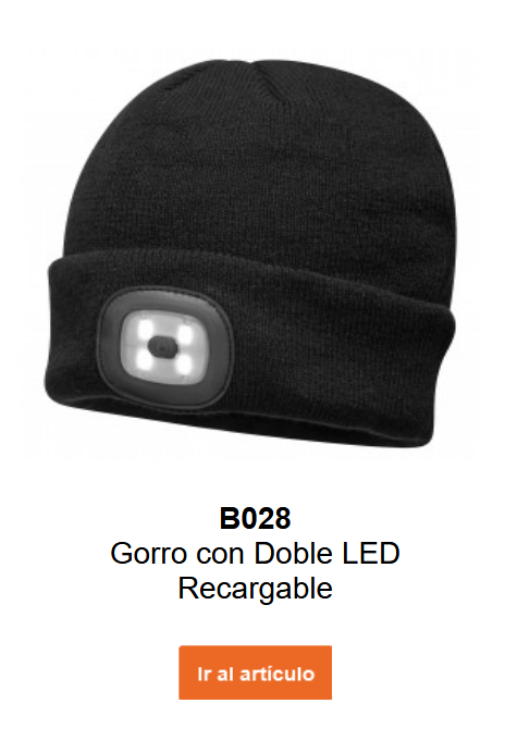 Imagen del gorro Beanie con doble LED recargable B028 en negro. Un enlace a la página del producto está incluido.