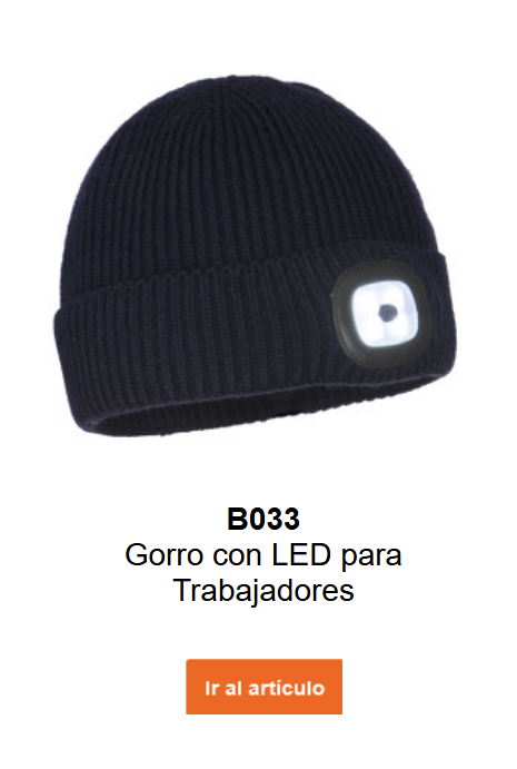 Imagen del gorro LED para trabajadores B033 en negro. Un enlace a la página del producto está incluido.