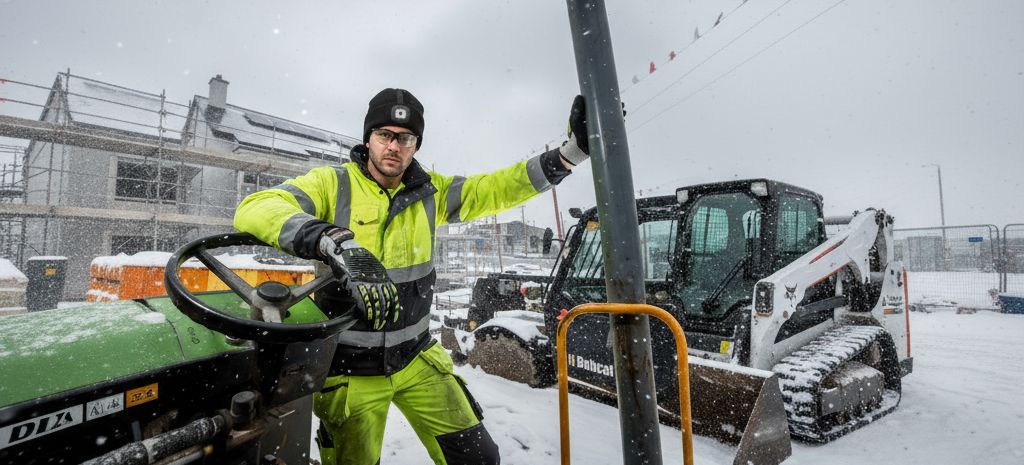 Un obrero de la construcción con chaqueta de invierno, ropa de seguridad reflectante y gorro LED trabaja en la nieve en una obra.
