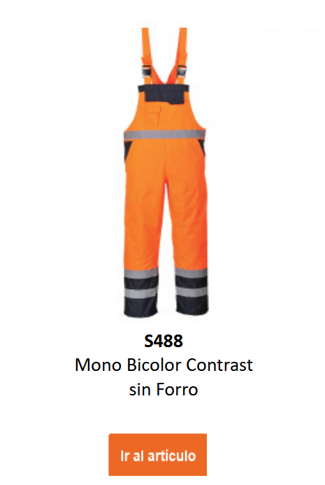 Imagen del pantalón tipo peto Hi-Vis S488 impermeable y transpirable en naranja con detalles negros y bandas reflectantes.