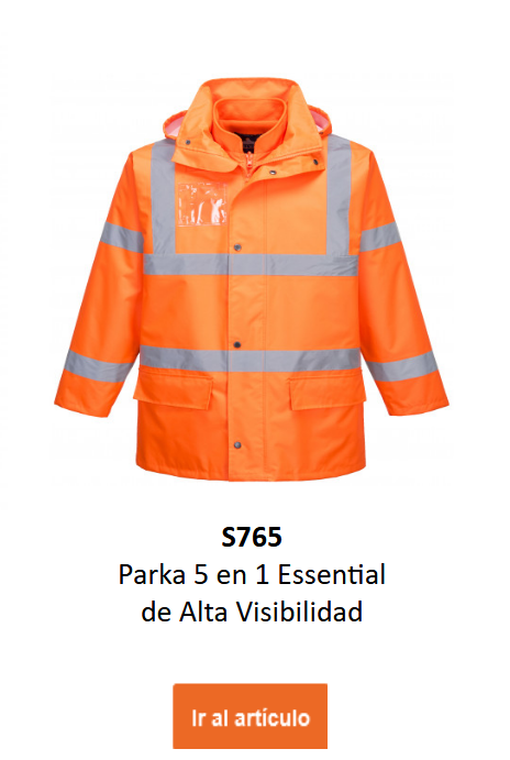 Imagen de la chaqueta Essential 5 en 1 Hi-Vis en naranja con detalles negros y bandas reflectantes.