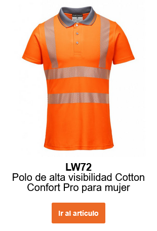 Imagen del polo Pro High Visibility LW72 en color naranja con rayas reflectantes. Se proporciona un enlace al artículo.