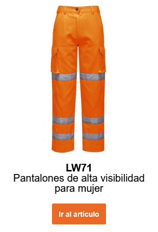 Imagen del pantalón de señora de alta visibilidad LW71 en color naranja con bandas reflectantes. Se proporciona un enlace al artículo.