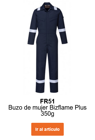 Imagen del mono de mujer Bizflame Plus 350g FR51 en color azul con rayas reflectantes. Se proporciona un enlace al artículo.