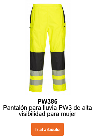 Imagen del pantalón de lluvia de alta visibilidad PW3 para mujer PW386 en color amarillo con bandas reflectantes y detalles en negro. Se proporciona un enlace al artículo.