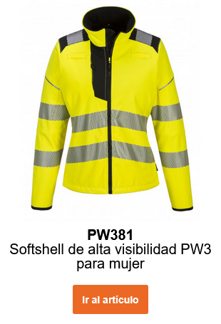 Imagen de la chaqueta softshell de alta visibilidad para mujer PW381 en color amarillo con bandas reflectantes y detalles en negro. Se proporciona un enlace al artículo.