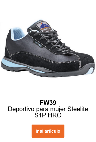 Imagen del zapato de seguridad para mujer Steelite S1P HRO FW39 en color negro con detalles azules. Se proporciona un enlace a la página del artículo.