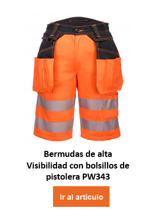 Imagen del pantalón corto de alta visibilidad PW3 PW343 en color naranja con rayas reflectantes, detalles en negro y enlace al artículo.