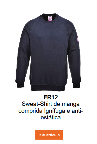 Imagen de la sudadera de manga larga Modaflame FR12, ignífuga y antiestática, en azul, con un enlace a la página del producto.