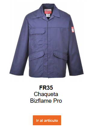 Imagen de la chaqueta ignífuga y antiestática Bizflame Pro FR35 en azul con un enlace a la página del producto.
