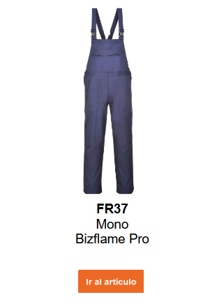 Imagen del peto ignífugo y antiestático Bizflame Pro FR37 en azul con un enlace a la página del producto.