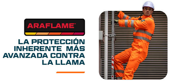 Logotipo de la colección Araflame en negro, rojo y naranja con la leyenda: Máxima protección inherente contra las llamas. Junto a él, se muestra una imagen cuadrada de un trabajador con ropa de protección naranja y casco blanco subiendo una escalera. Se incluye un enlace a los artículos de nuestra colección Araflame.