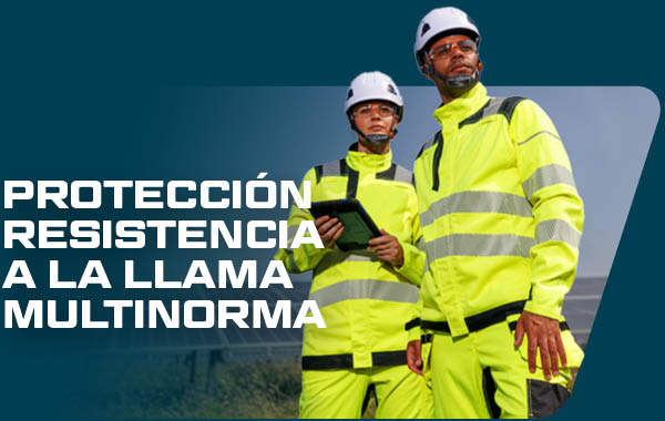 Imagen de dos trabajadores con ropa de alta visibilidad amarilla y cascos blancos. Al fondo se ve un sistema fotovoltaico. "Protección ignífuga multinorma" es el titular impreso en mayúsculas blancas sobre la imagen.