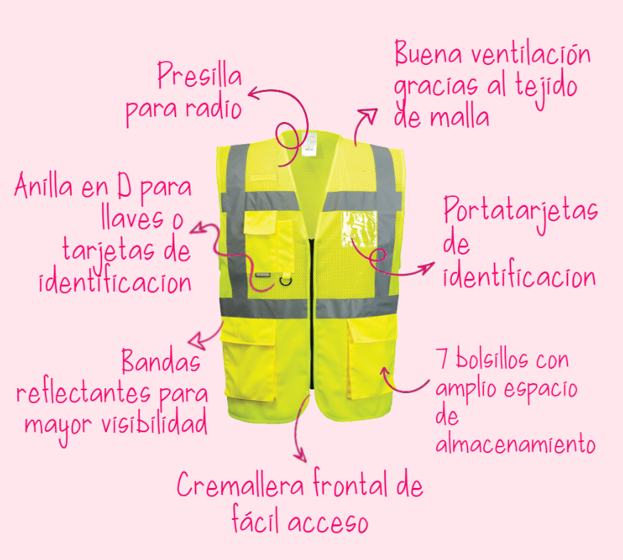 Resumen de las caracter&iacute;sticas del Chaleco Ejecutivo de Malla de Alta Visibilidad Madrid C496 con toda la informaci&oacute;n del producto.