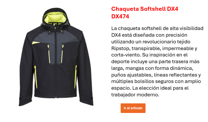 Imagen de la chaqueta softshell DX4 DX474 en negro con detalles en gris y amarillo, junto con una descripción de sus características principales, que se puede encontrar en la página del producto. Enlace a la página del producto.