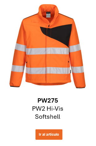Imagen de la chaqueta softshell de alta visibilidad PW2 PW275 en naranja con detalles negros y bandas reflectantes. Se incluye un enlace a la página del producto.