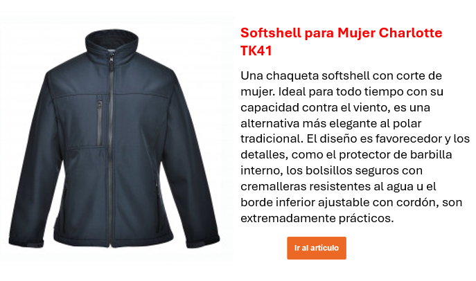 Imagen de la chaqueta softshell Charlotte TK41 para mujer en azul, junto con una descripción de sus características principales, que se puede encontrar en la página del producto. Enlace a la página del producto.