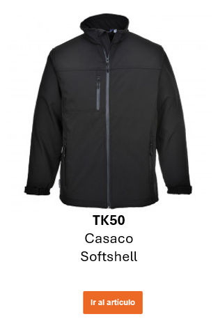 Imagen de la chaqueta softshell impermeable TK50 en negro, junto con un enlace a la página del producto.