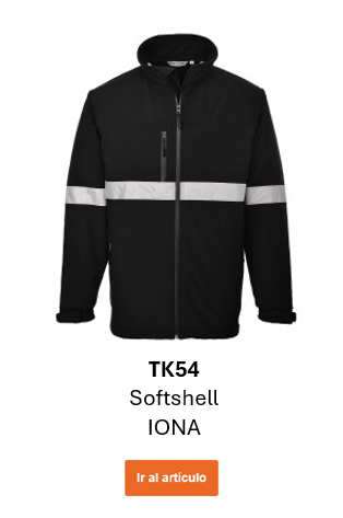Imagen de la chaqueta softshell impermeable Iona TK54 en negro con bandas reflectantes. Enlace a la página del producto.