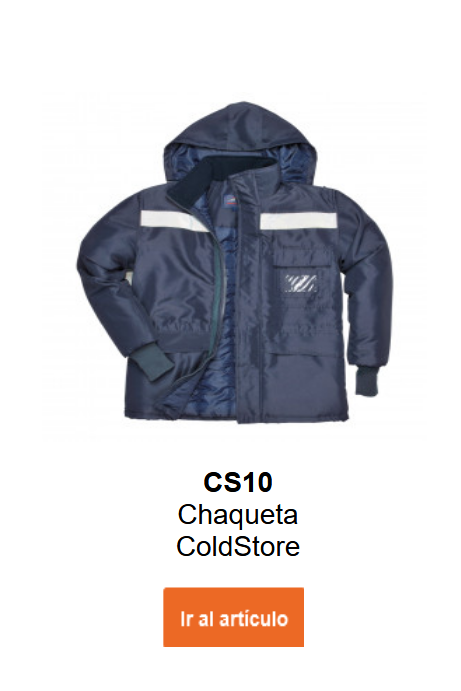 Imagen de la chaqueta para c&aacute;mara frigor&iacute;fica CS10 en azul con franjas reflectantes. Hay un enlace a la p&aacute;gina del producto.