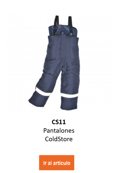 Imagen del pantal&oacute;n para c&aacute;mara frigor&iacute;fica CS11 en azul con franjas reflectantes. Hay un enlace a la p&aacute;gina del producto.