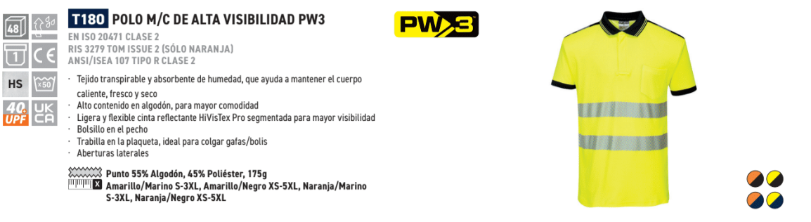 Imagen de muestra del polo de protección de aviso PW3 T180 en color amarillo aviso con bandas reflectantes. Enlace proporcionado al artículo.