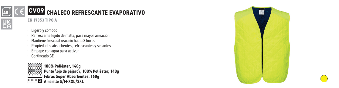 Ejemplo de chaleco evaporativo refrigerante CV09 en amarillo advertencia con enlace al artículo.