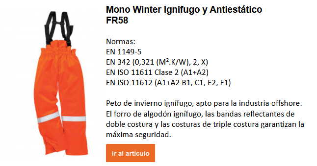 Imagen del peto de invierno ignífugo y antiestático Bizflame FR58 en color naranja con tirantes negros y bandas reflectantes en las rodillas. A la derecha hay un texto sobre las principales características del artículo, con enlace a la página del producto.