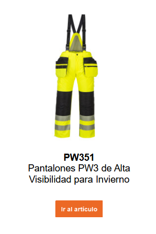 Imagen del pantalón de invierno de alta visibilidad PW351 en color amarillo con bandas reflectantes y detalles azules. Enlace a la página del producto.