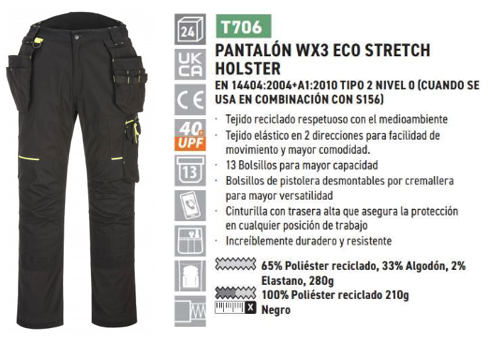 Imagen de muestra del pantalón WX3 Eco Stretch con bolsillos flotantes en color negro T706 con enlace al artículo y un breve resumen de las propiedades del producto.