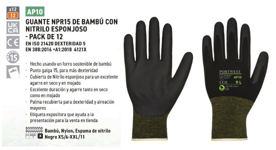 Imagen de muestra de los guantes de bambú de espuma de nitrilo NPR15 AP10 con un enlace al artículo y un breve resumen de las propiedades del producto.