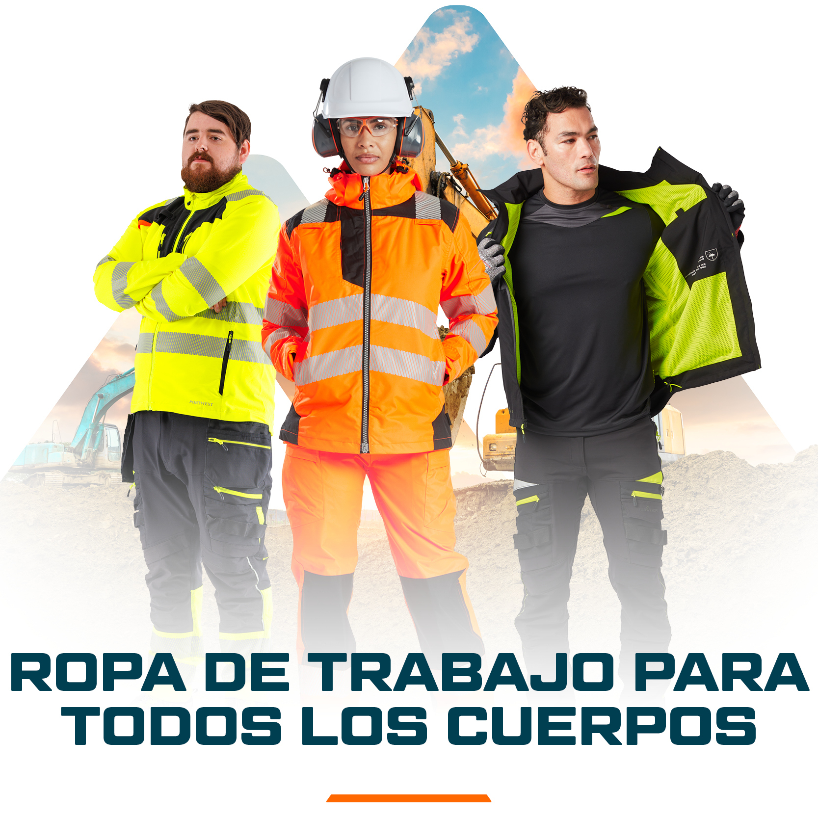 Dos hombres y una mujer con diferentes ropas de trabajo de Portwest.