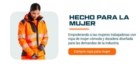 Enlace a nuestro catálogo de ropa de trabajo para mujer con una imagen de muestra de una mujer con ropa de color naranja brillante de alta visibilidad.