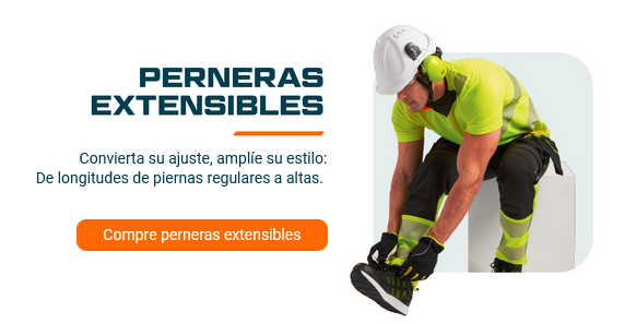 Trabajador con ropa de trabajo amarilla de alta visibilidad y casco con enlace a la ropa de trabajo con perneras ajustables.
