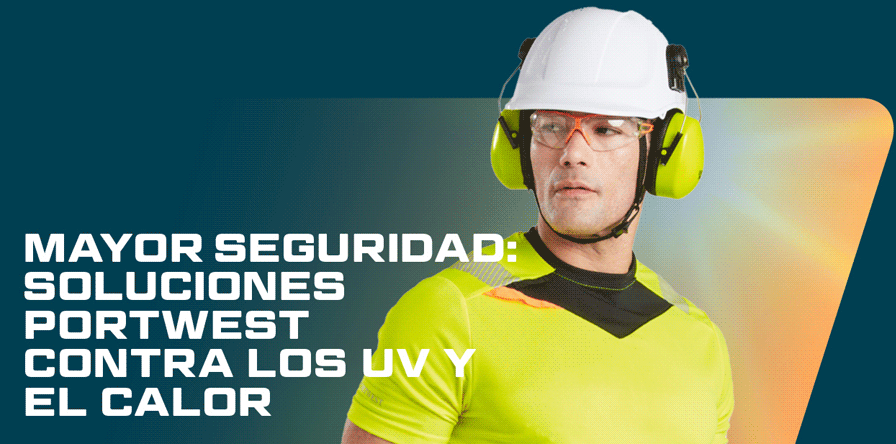 Un trabajador que lleva casco blanco, orejeras amarillas, gafas de seguridad naranjas y camiseta amarilla de manga corta con detalles negros y franjas reflectantes. A la izquierda de la imagen hay letras blancas: Seguridad avanzada: soluciones térmicas y UV de Portwest.