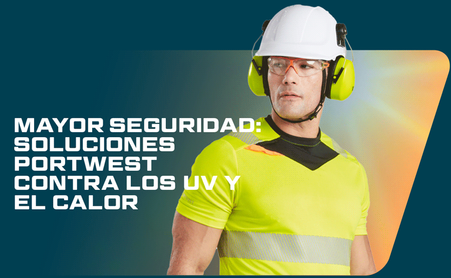 Un trabajador que lleva casco blanco, orejeras amarillas, gafas de seguridad naranjas y camiseta amarilla de manga corta con detalles negros y franjas reflectantes. A la izquierda de la imagen hay letras blancas: Seguridad avanzada: soluciones térmicas y UV de Portwest. Hay un enlace a nuestros artículos con protección UV.