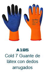 Imagen de los guantes Duo-Therm A185 en naranja con palmas azules, puntas de los dedos negras y puño rojo. El enlace lleva a la página del producto.
