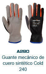 Imagen de los guantes Wintershield A280 en gris con palmas negras, puño azul y detalles naranjas. El enlace lleva a la página del producto.