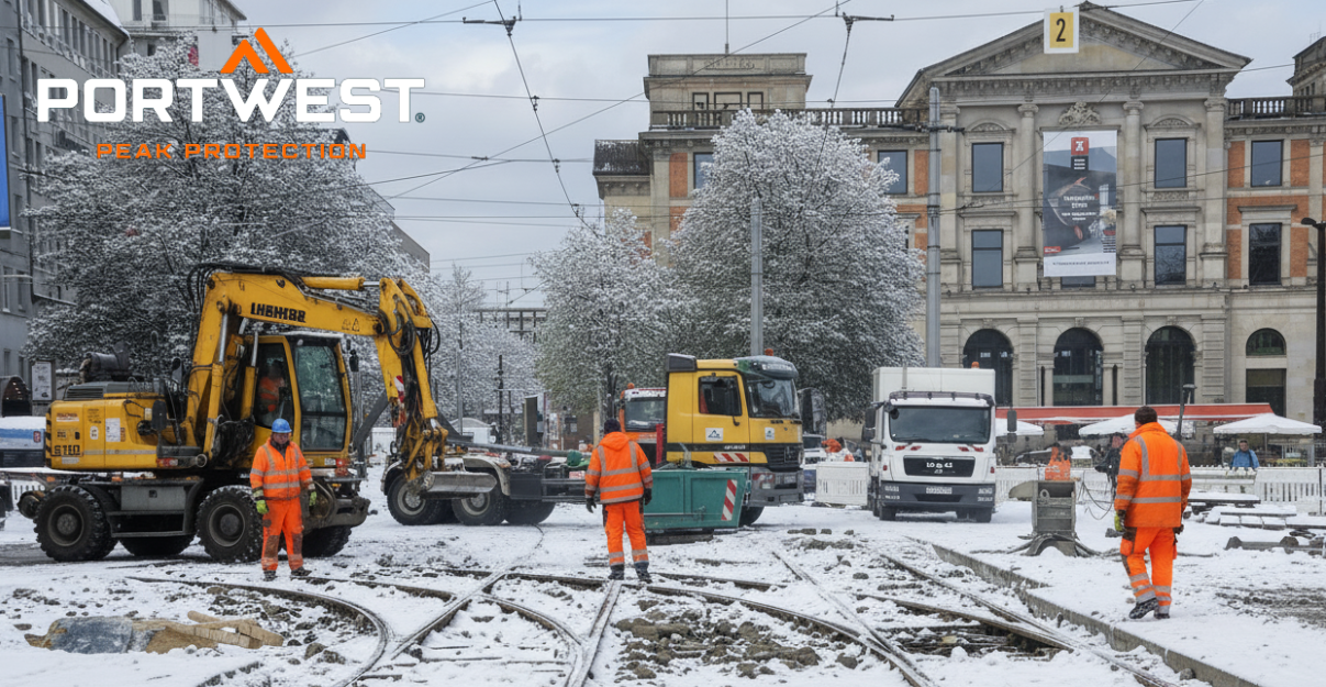 Trabajadores de la construcción con ropa naranja de alta visibilidad trabajan en una obra nevada con excavadoras, camiones y raíles; al fondo se ven edificios históricos y el logotipo de Portwest para la seguridad laboral.