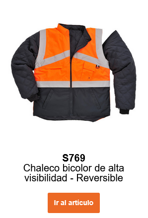 Imagen de la chaqueta reversible bicolor de alta visibilidad S769 en naranja y negro con bandas reflectantes.