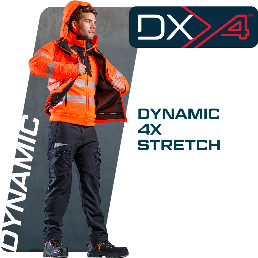 Modelo masculino con barba y pelo corto castaño en ropa de trabajo de la colección DX4. Hay letras en el exterior que anuncian la colección DX4 y el enlace proporcionado conduce a la colección DX4 completa.