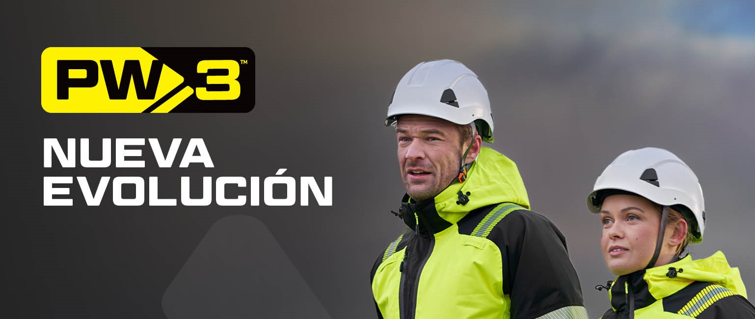 Un hombre y una mujer con ropa de trabajo de la serie PW3™ de color amarillo de alta visibilidad. Ambos llevan cascos protectores blancos, guantes negros y chaquetas y pantalones amarillos con bandas reflectantes. El fondo es gris con el logotipo de Portwest en gris claro. En la parte superior izquierda de la imagen se encuentra el logotipo de la colección PW3 y las palabras "nuevo desarrollo" en letras blancas.