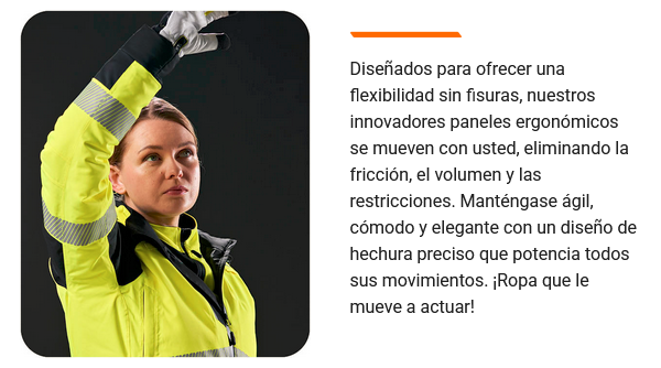 Fotografía de una mujer vestida con ropa de trabajo amarilla y con guantes levantando su brazo derecho por encima de su cabeza. Junto a la imagen hay un texto informativo sobre la ergonomía de la colección PW3™. Hay un enlace que conduce a la colección PW3™.