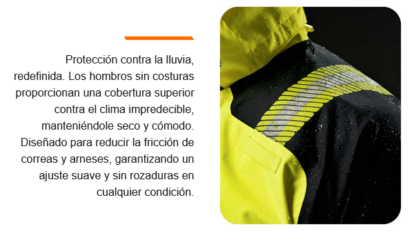 Primer plano de una chaqueta de trabajo amarilla y negra con gotas de agua en la superficie. El material es impermeable y los hombros sin costuras reducen la fricción para una mayor comodidad y protección en condiciones climáticas adversas. Hay un enlace que conduce a la colección PW3™.