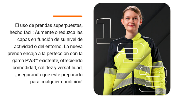 Fotografía de una mujer con ropa de trabajo de seguridad de color amarillo mirando directamente a la cámara. Los números 1, 2 y 3 están en el primer plano de la imagen. Junto a la imagen hay un texto informativo sobre la posibilidad de combinar prendas de la colección PW3™. Hay un enlace que conduce a la colección PW3™.